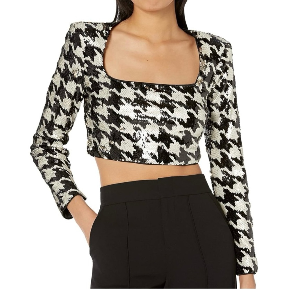 Zara black and white sequin houndstooth long sleeve crop top size small